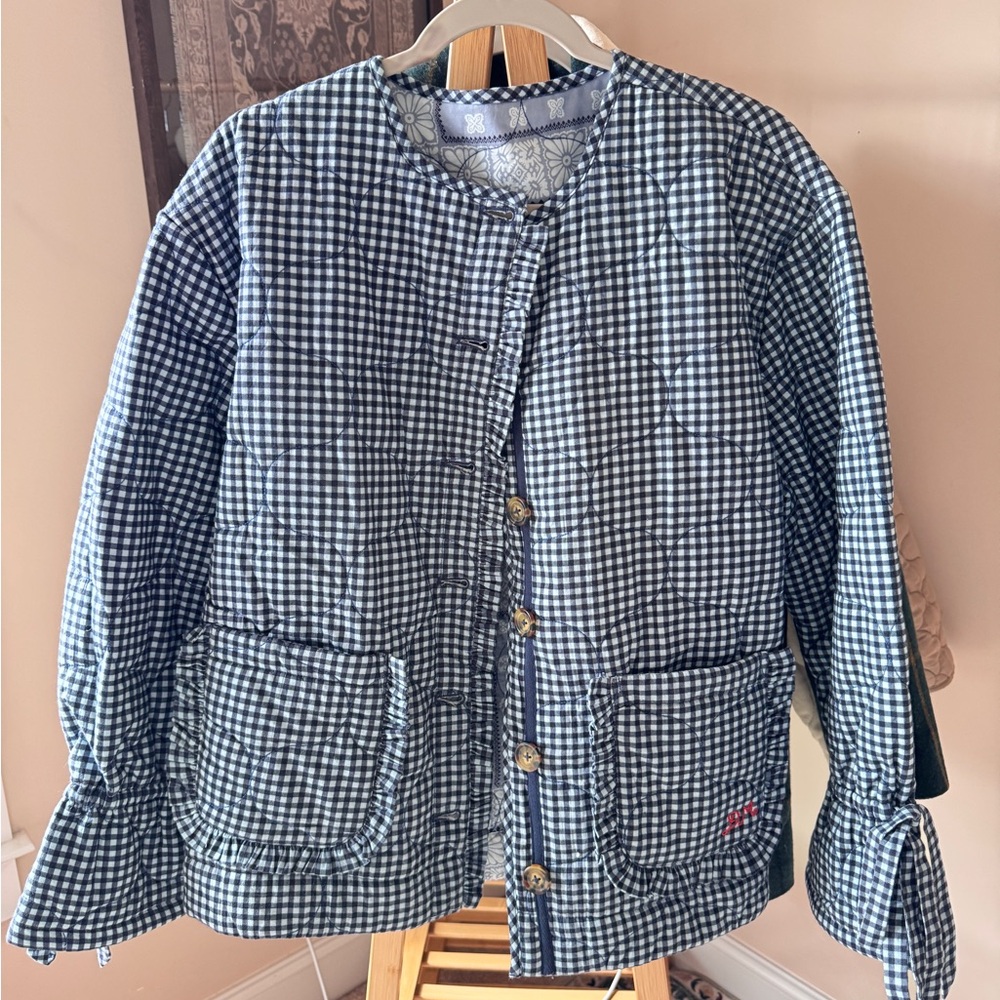 Damson Madder Blue Gingham Quilted Jacket Ruffle Trim
